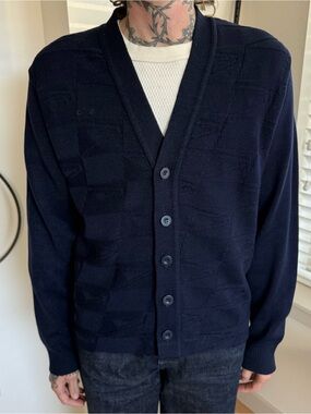 Vintage 90s USPS Postal Clerk Navy Blue Cardigan Abstract Geometric ~ Size Small